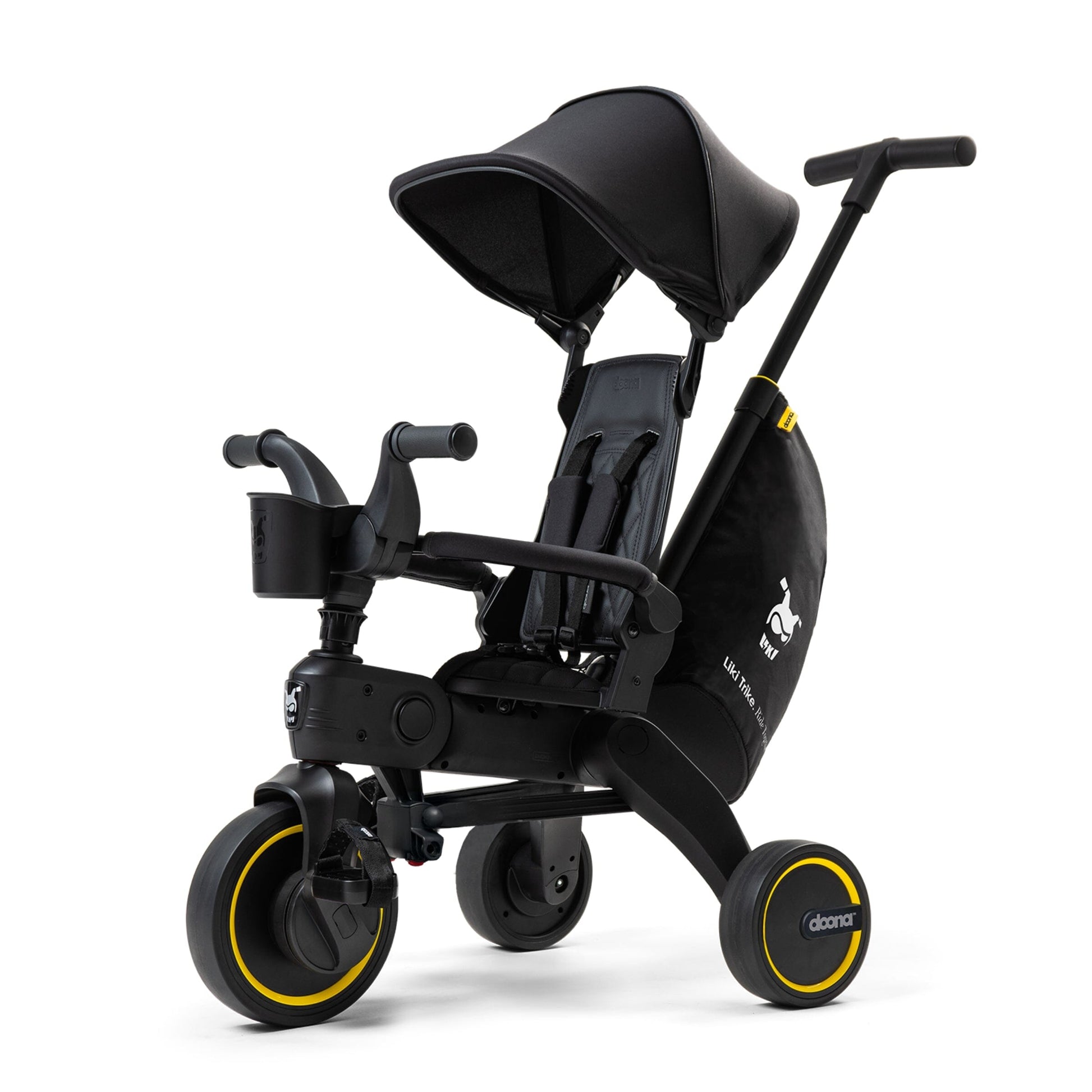 Doona Liki Trike S5 Midnight Limited Edition foldable toddler trike with black frame and parent handle